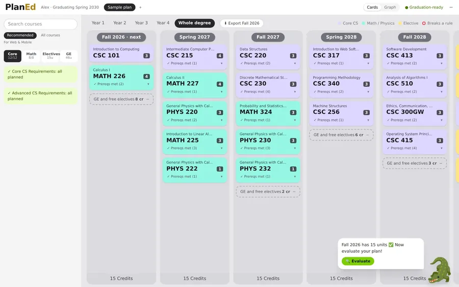 PlanEd's degree board: semesters of color-coded course cards, each checked for prerequisites