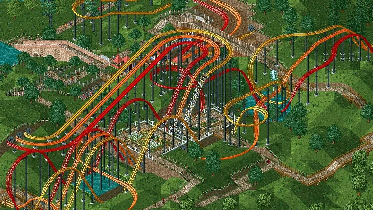 An overhead view of a sprawling roller coaster park